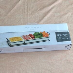 Tahari Home 3 PC  Serving Set Porcelain with 2 dishes & one metal rack